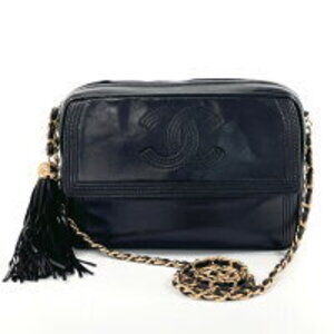 CHANEL Chain Shoulder Bag Fringe Lambskin Black